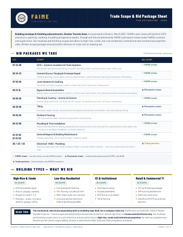 Trade scope and bid package sheet, front page