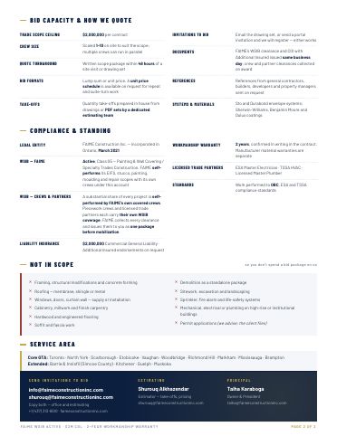 Trade scope and bid package sheet, back page