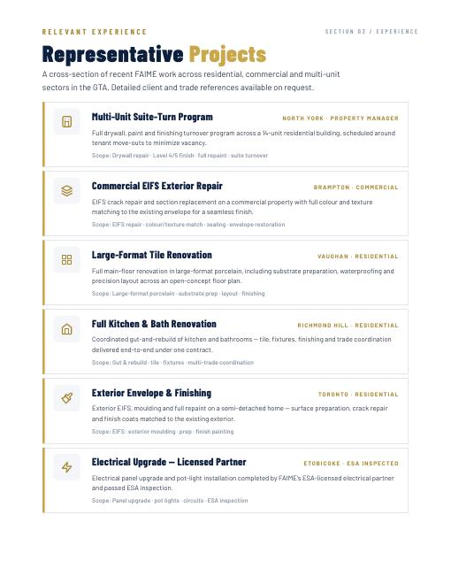 Capability statement representative projects page