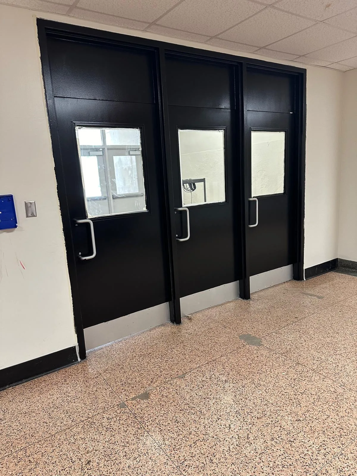 Three adjoining hollow-metal doors with vision panels finished in black enamel
