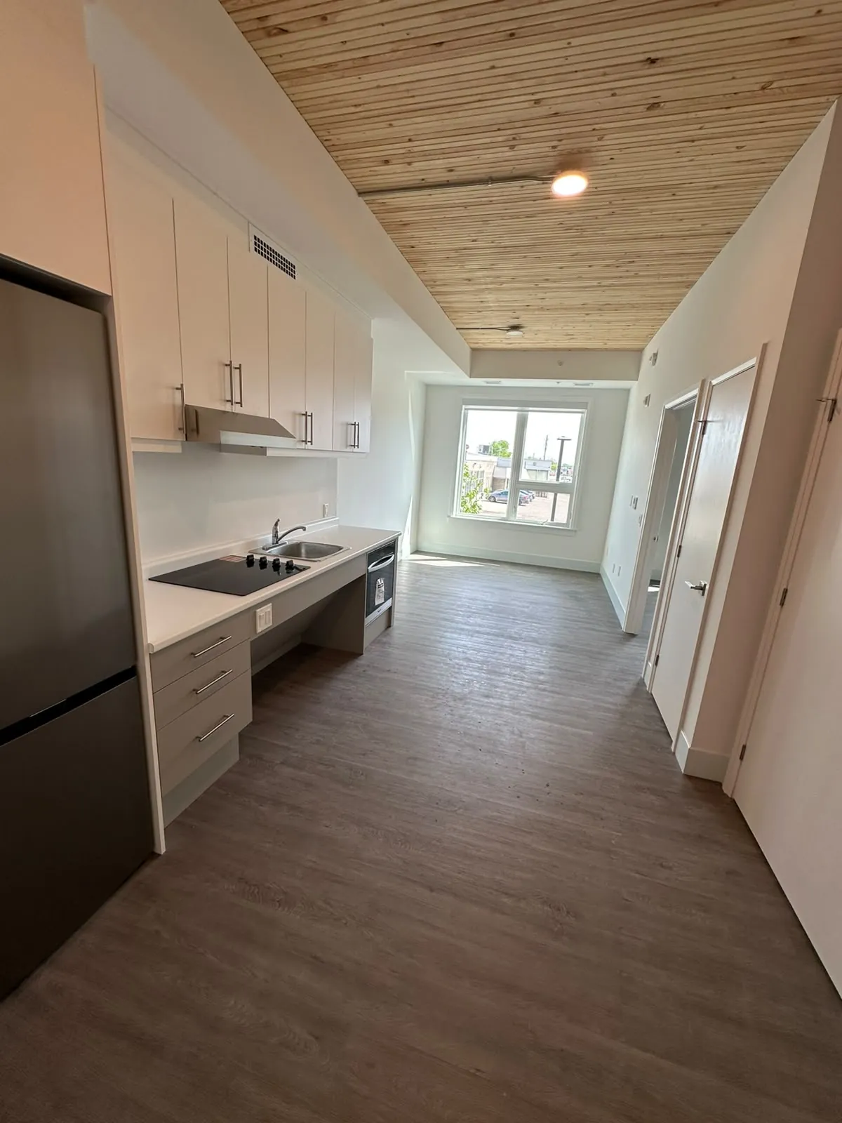 An accessible suite kitchen with a lowered counter section, painted walls and a timber ceiling