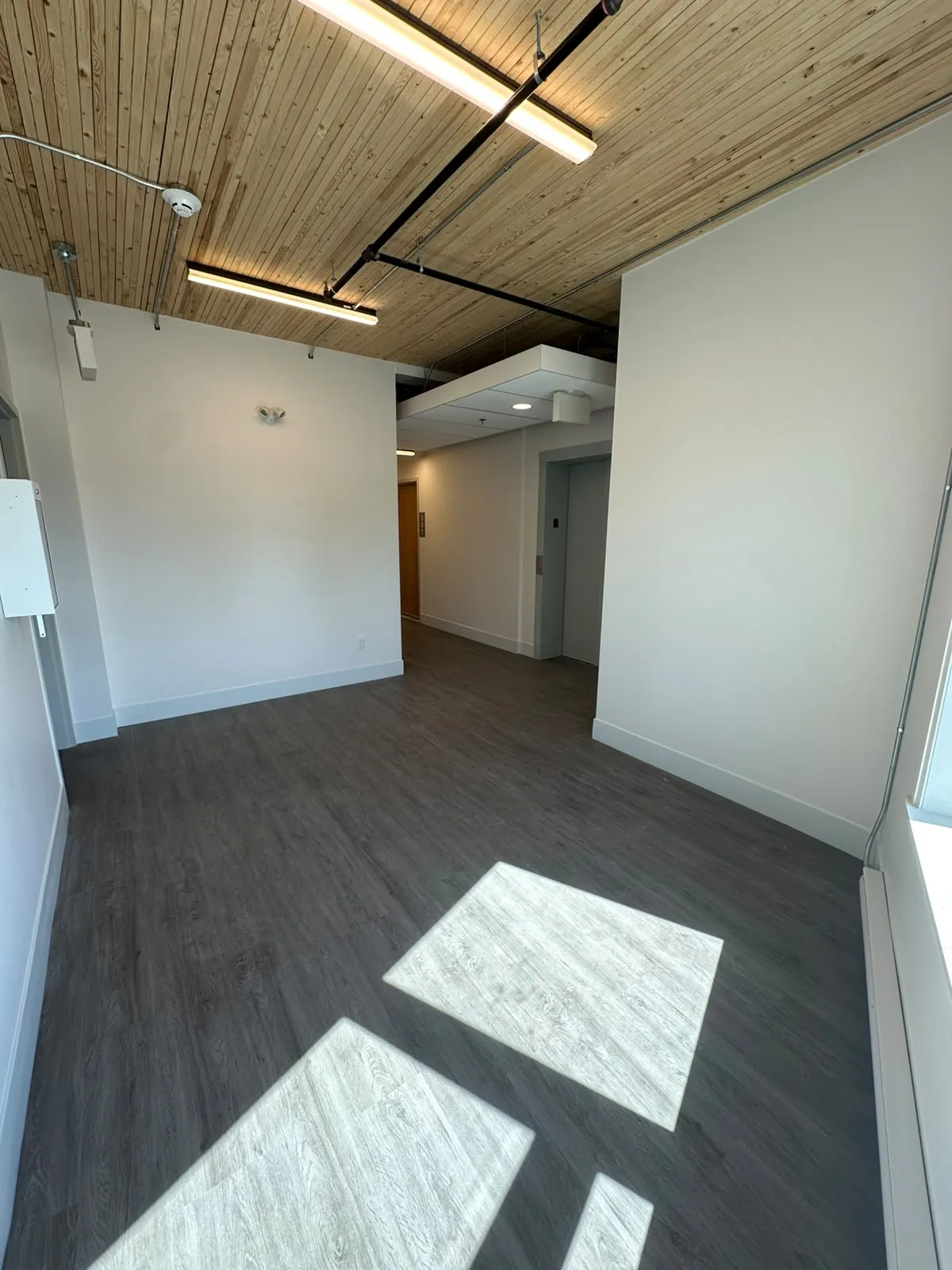 A bright shared area with painted walls beneath an exposed timber ceiling