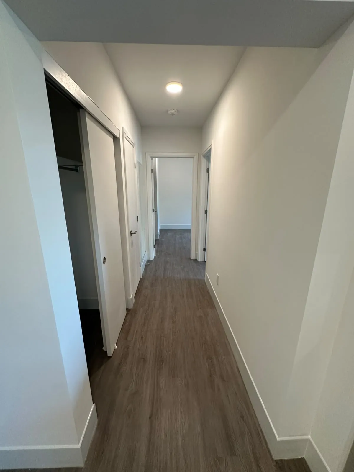 A suite hallway with painted walls, ceiling and closet doors