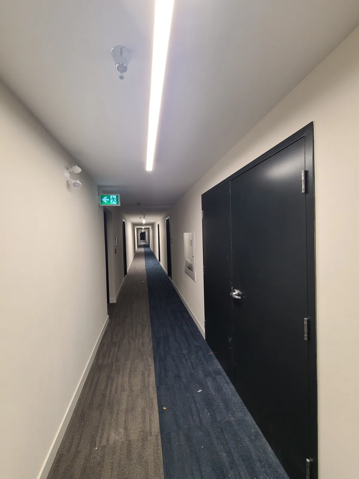 A residential corridor with painted walls and dark-finished suite doors and frames