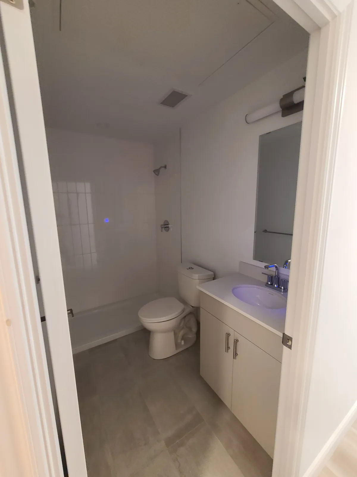 A suite bathroom with painted walls and ceiling above the vanity and toilet