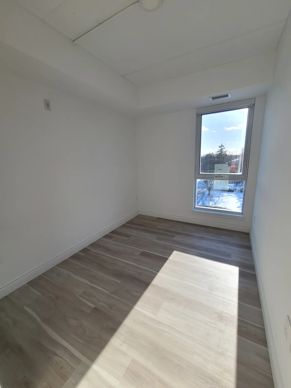 A suite bedroom with painted walls and ceiling and a tall window