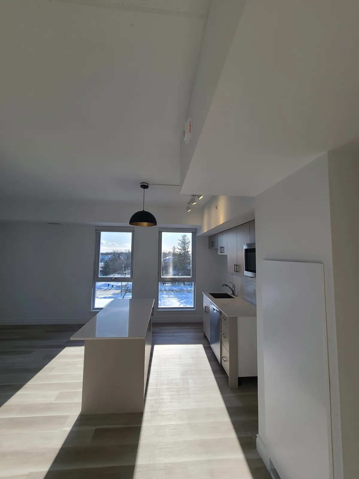 A suite kitchen and living area with painted walls and ceiling, seen from the entry