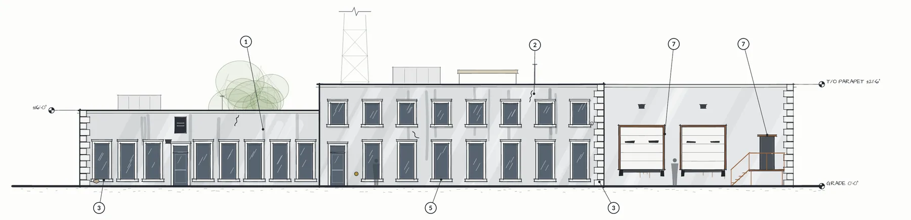 Concept sketch, front elevation as found: streaked and cracked finish, damaged quoins and trim, failed window sealant and rusted steel dock frames, with numbered callouts.