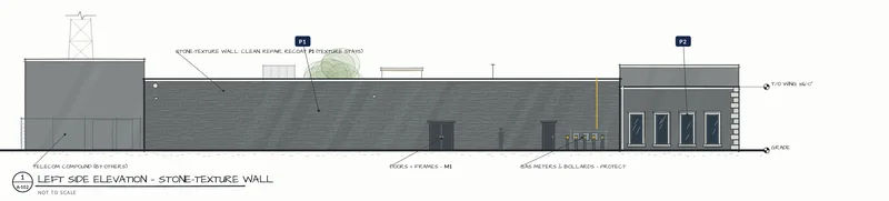 Concept sketch, left side elevation: stone-texture wall, doors and frames, gas meters and bollards to protect