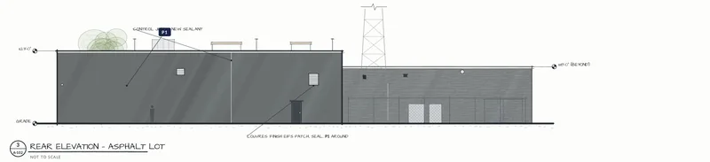 Concept sketch, rear elevation facing the asphalt lot, with louvres and control joints marked for new sealant