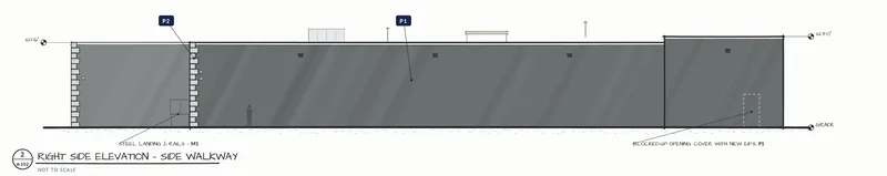 Concept sketch, right side elevation along the side walkway, with a blocked-up opening to be covered with new EIFS