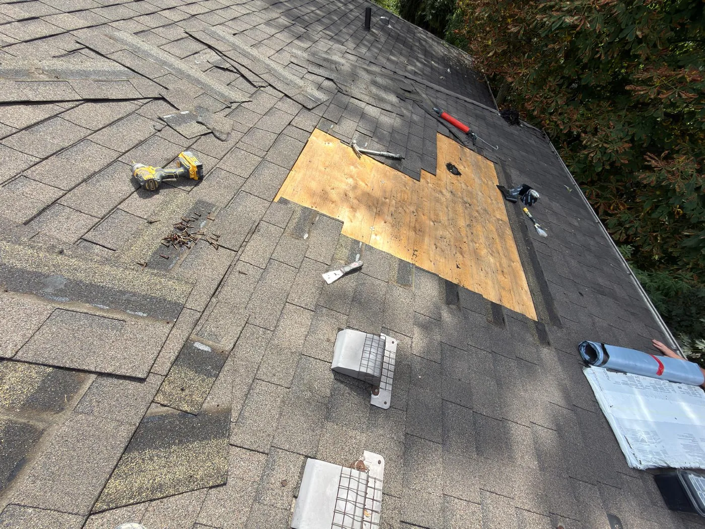 New plywood sheathing let into the roof deck with shingles cut back around it and tools laid out.